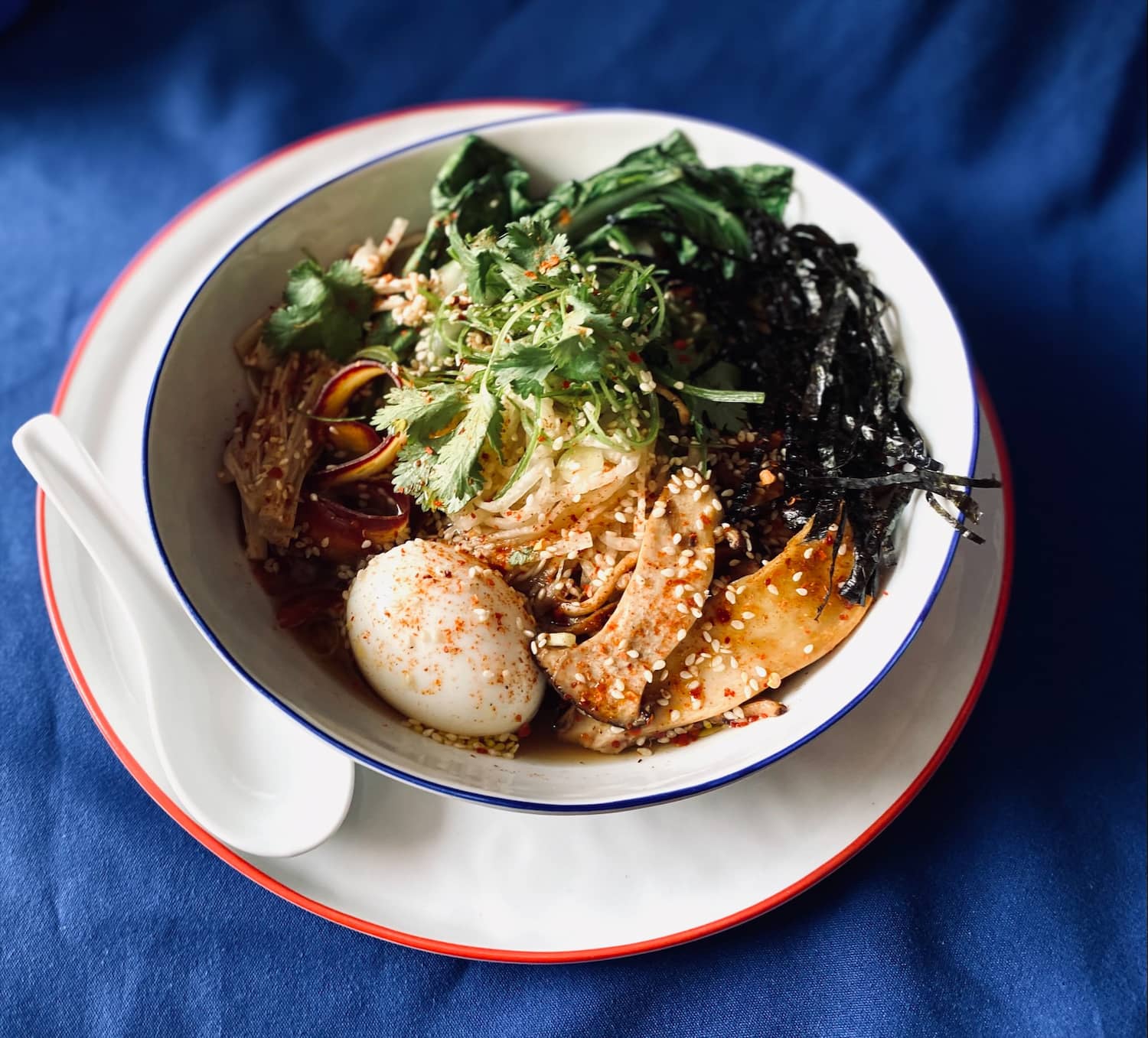 Chaga Mushroom Ramen Bowl of ramen with mushrooms, eggs & variety of vegetables
