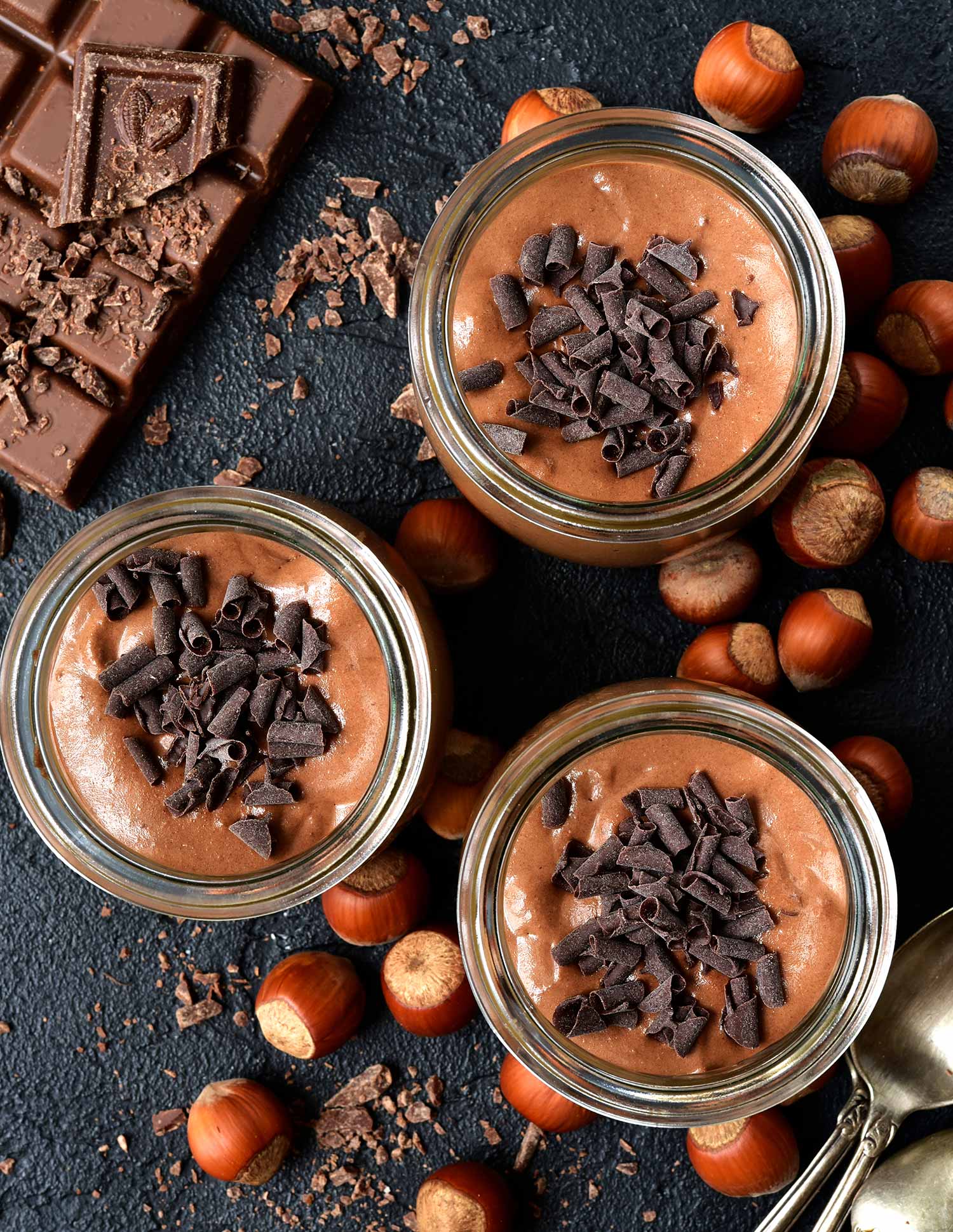 Creamy Hazelnut Mousse Chocolate Mousse with Dark Chocolate Shavings and Hazelnuts